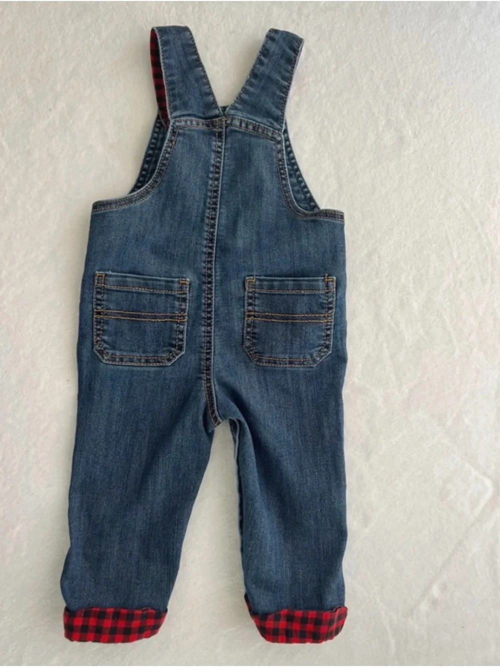 Carter's Kid Denim Overalls with Red Plaid Lining 9 Months